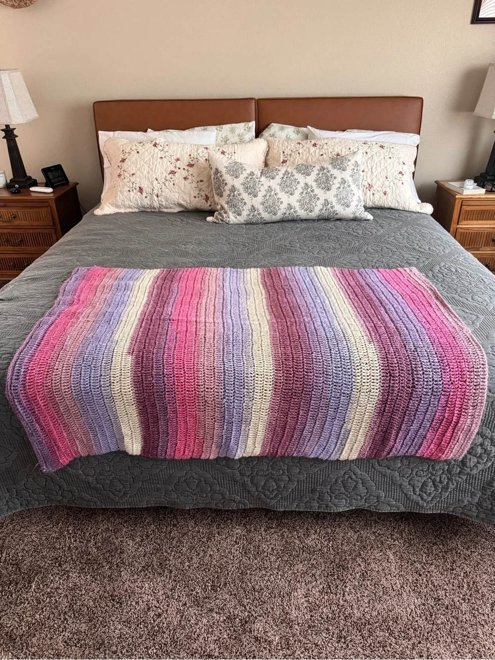 Hand-Crocheted Striped Throw Blanket in Pink, Lavender & Cream